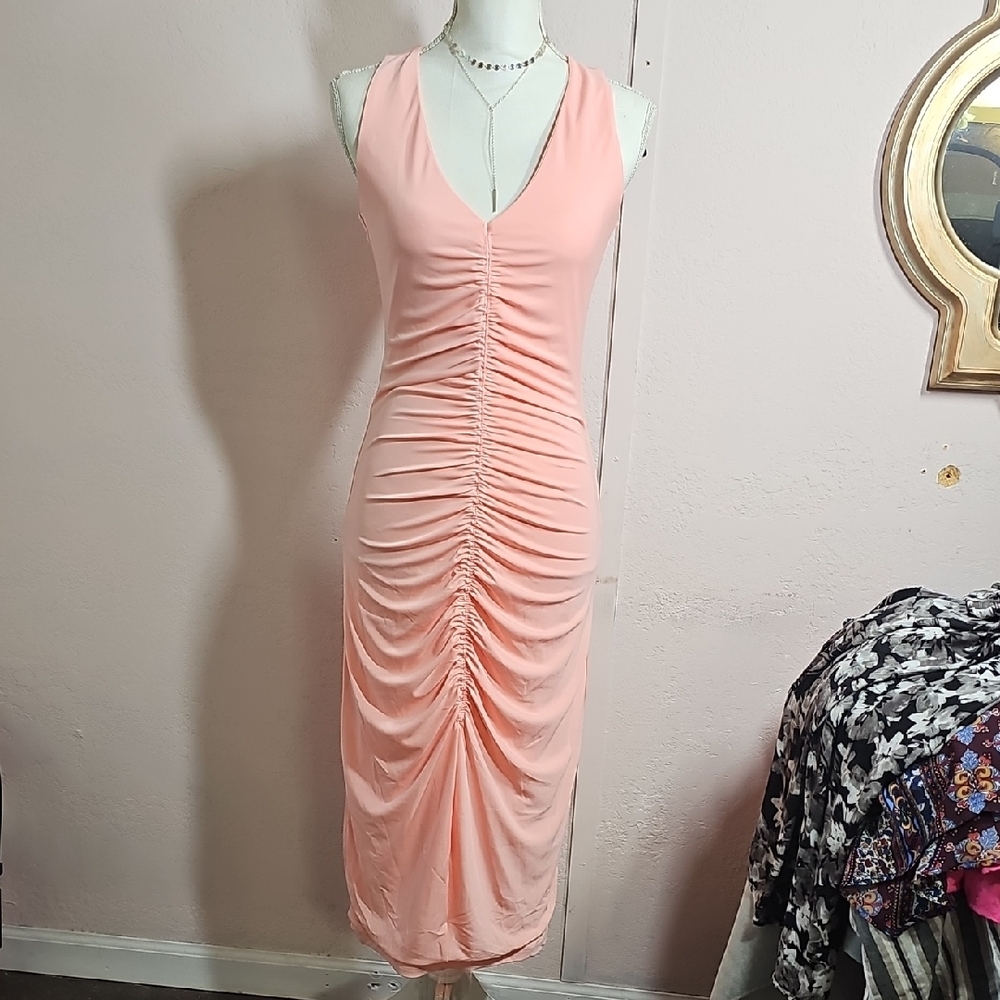 INC International Concepts Orange Pink Ruched Bodycon Midi Dress, Cruise Dress